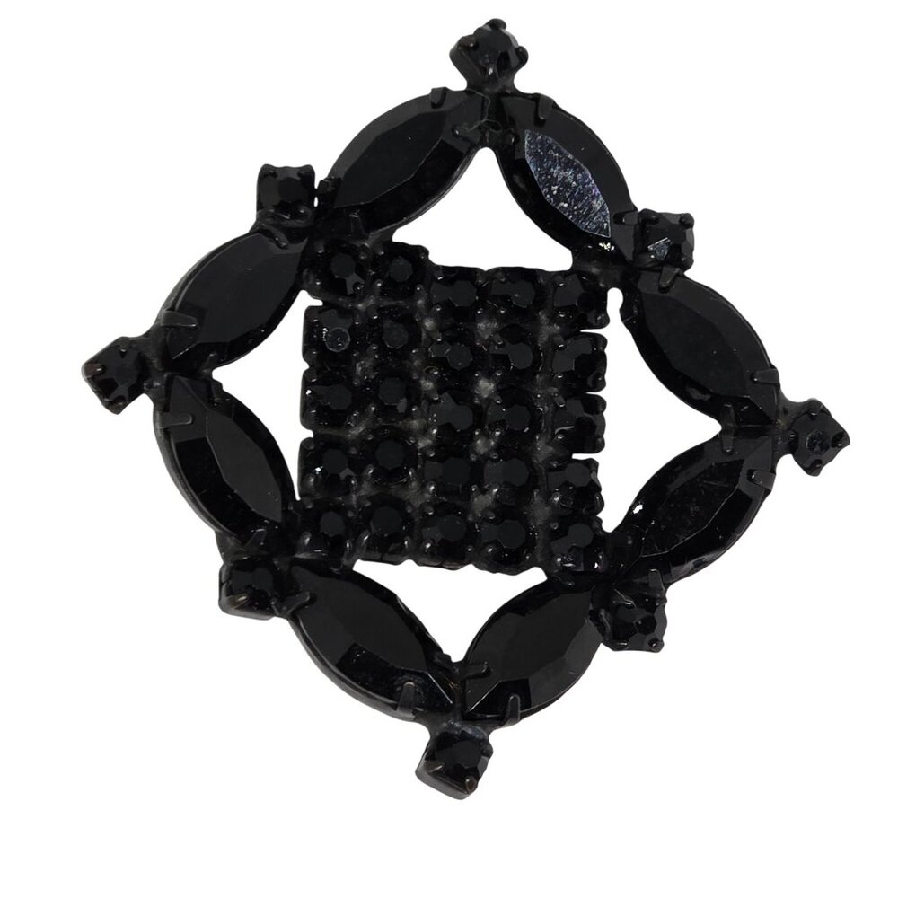 Vtg Black Rhinestone Brooch Geometric Square Cluster Japanned‎ Mid Century Pin